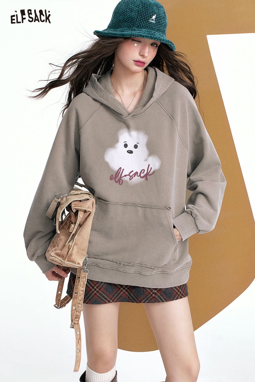 ELFSACK Retro Print Casual Hoodie Loose Thin Sweatshirt