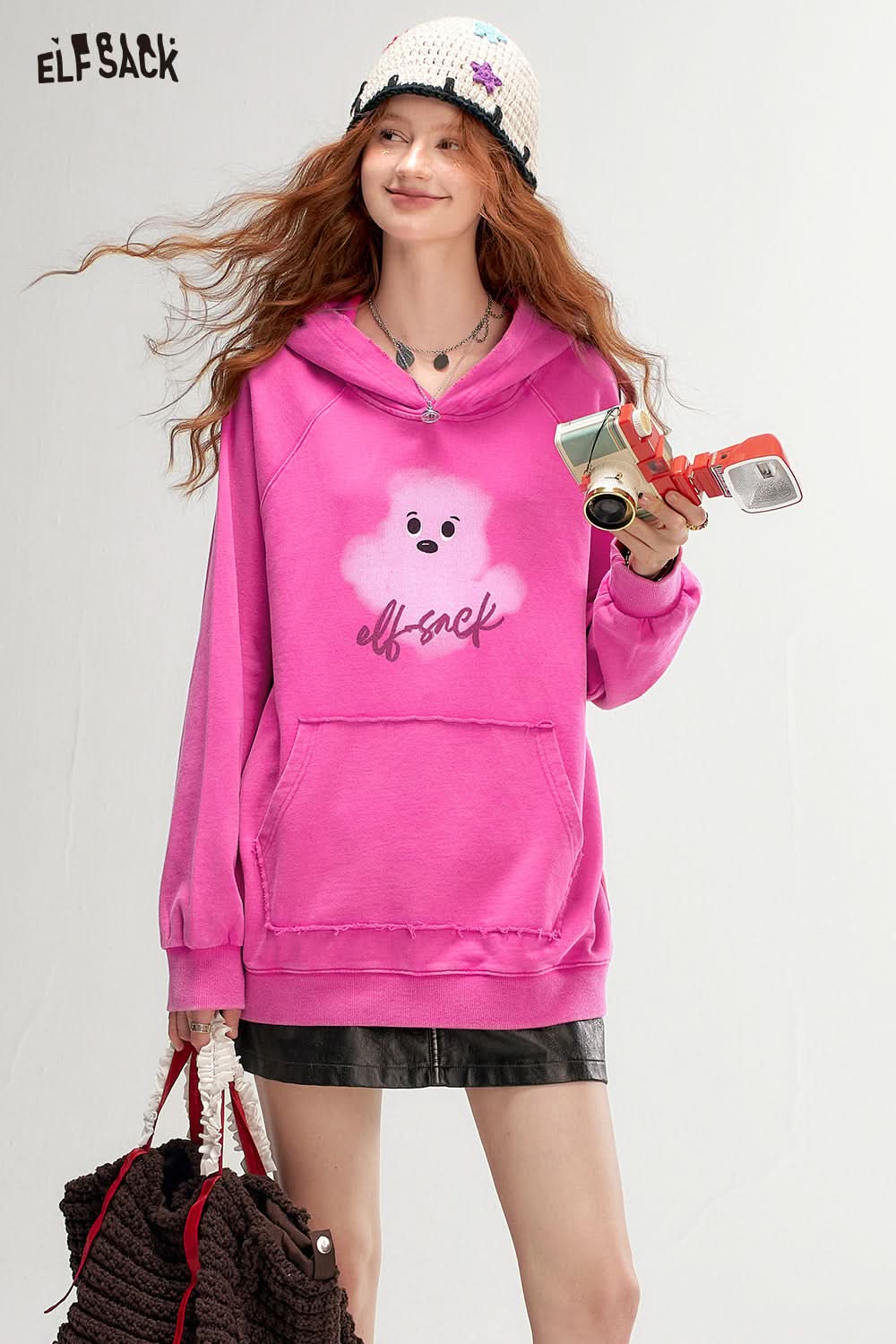 ELFSACK Retro Print Casual Hoodie Loose Thin Sweatshirt