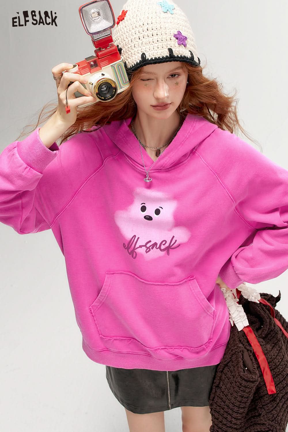 ELFSACK Retro Print Casual Hoodie Loose Thin Sweatshirt
