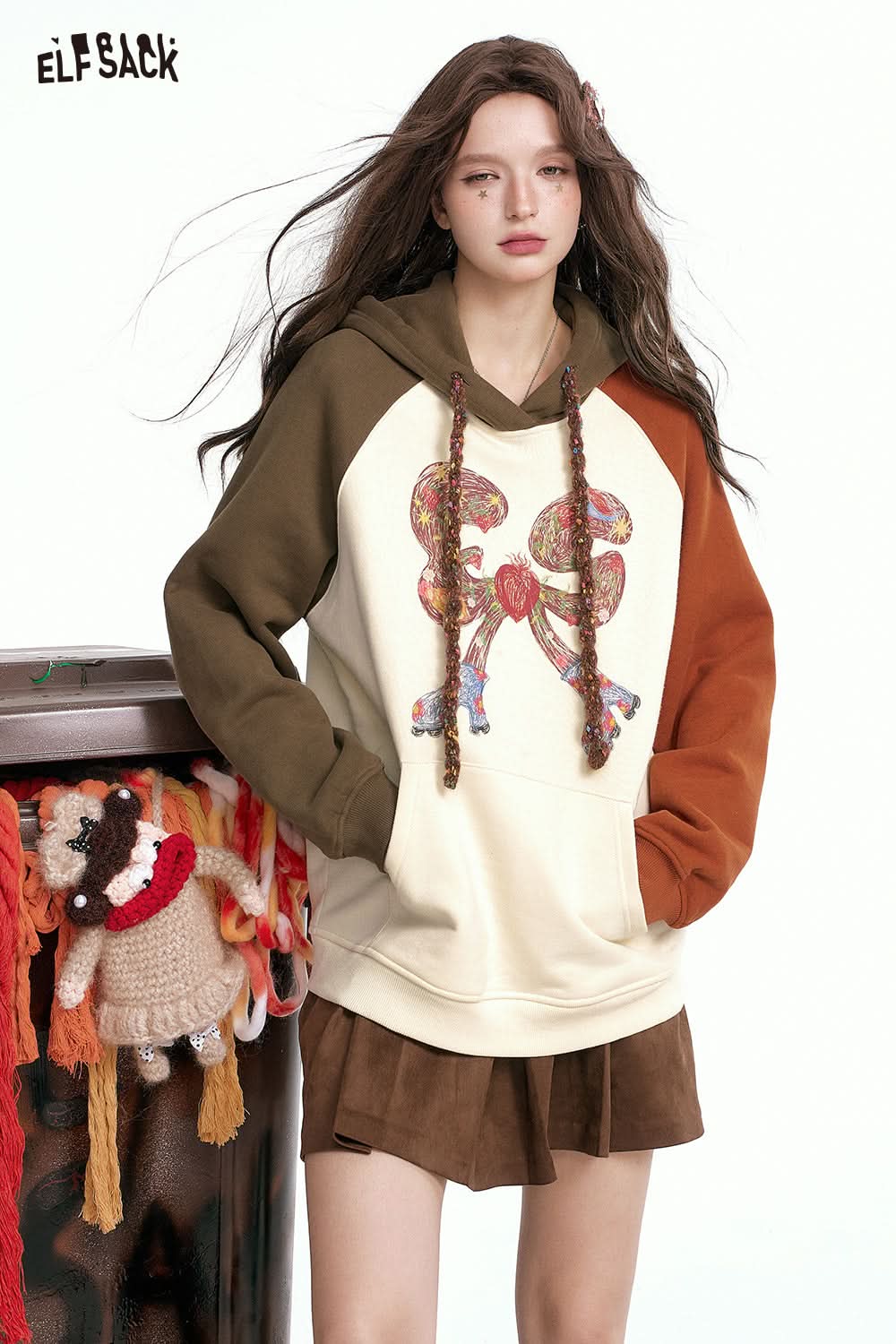 ELFSACK Raglan Colorful Bow Print Loose Slim Casual Sweatshirt