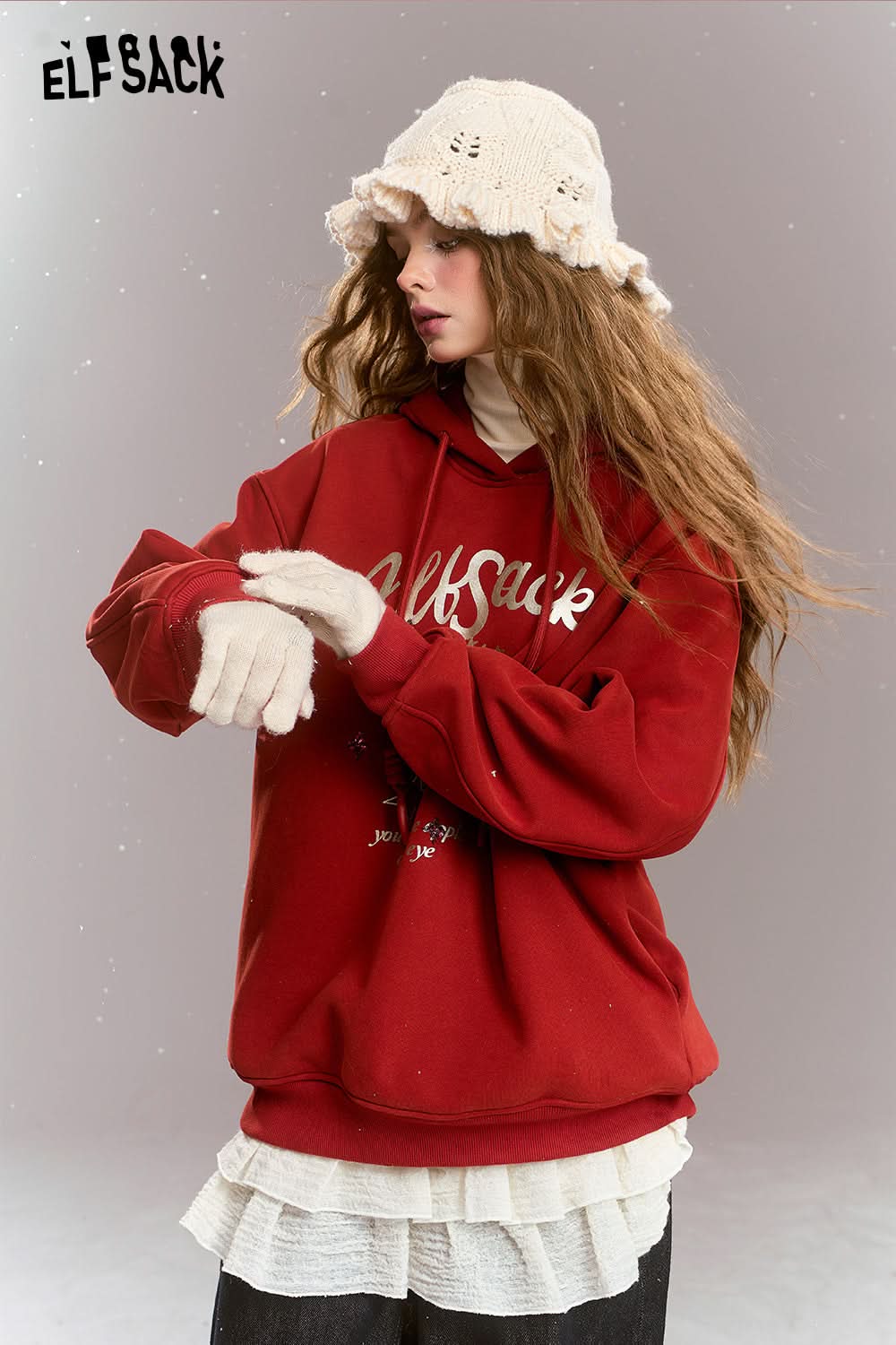 ELFSACK Sweet Preppy style cartoon print hooded thick warm fleece-lined hoodie