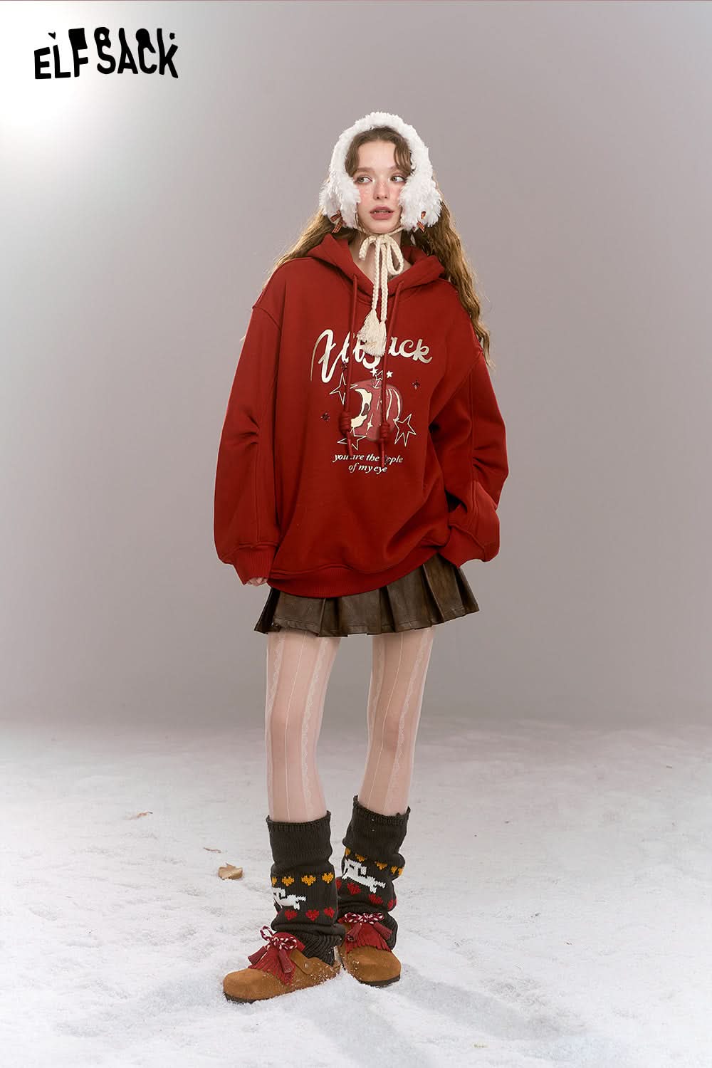 ELFSACK Sweet Preppy style cartoon print hooded thick warm fleece-lined hoodie