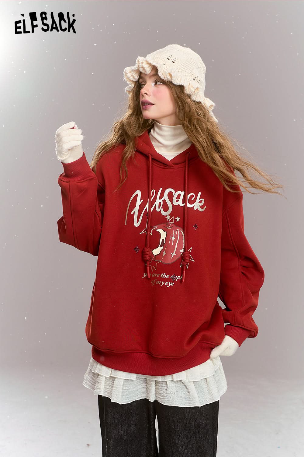 ELFSACK Sweet Preppy style cartoon print hooded thick warm fleece-lined hoodie