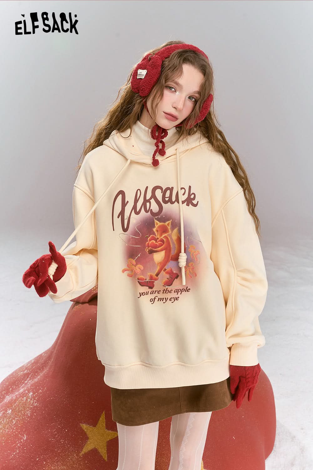 ELFSACK Sweet Preppy style cartoon print hooded thick warm fleece-lined hoodie
