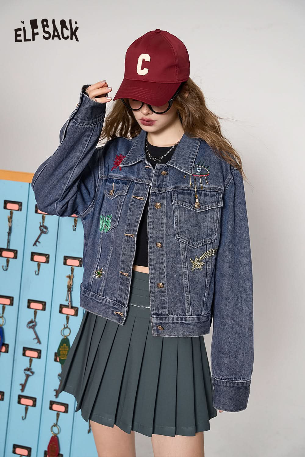 ELFSACK Blue purple retro casual all-match American embroidered denim short jacket
