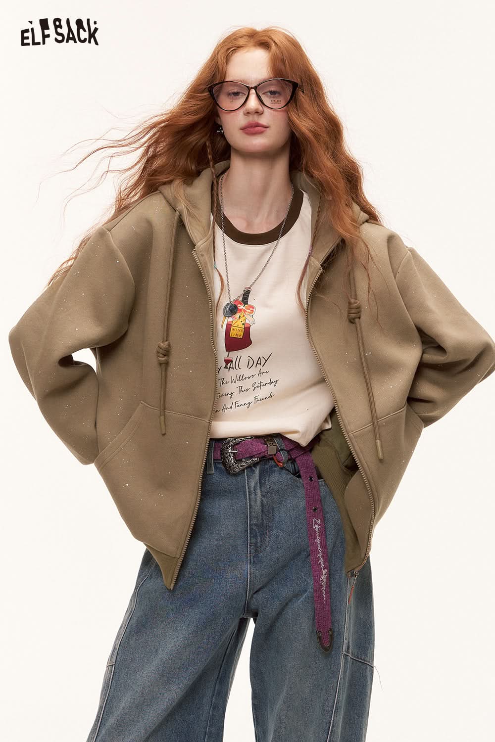 ELFSACK Silver Thread Knit Hoodie Jacket Casual Korean Style