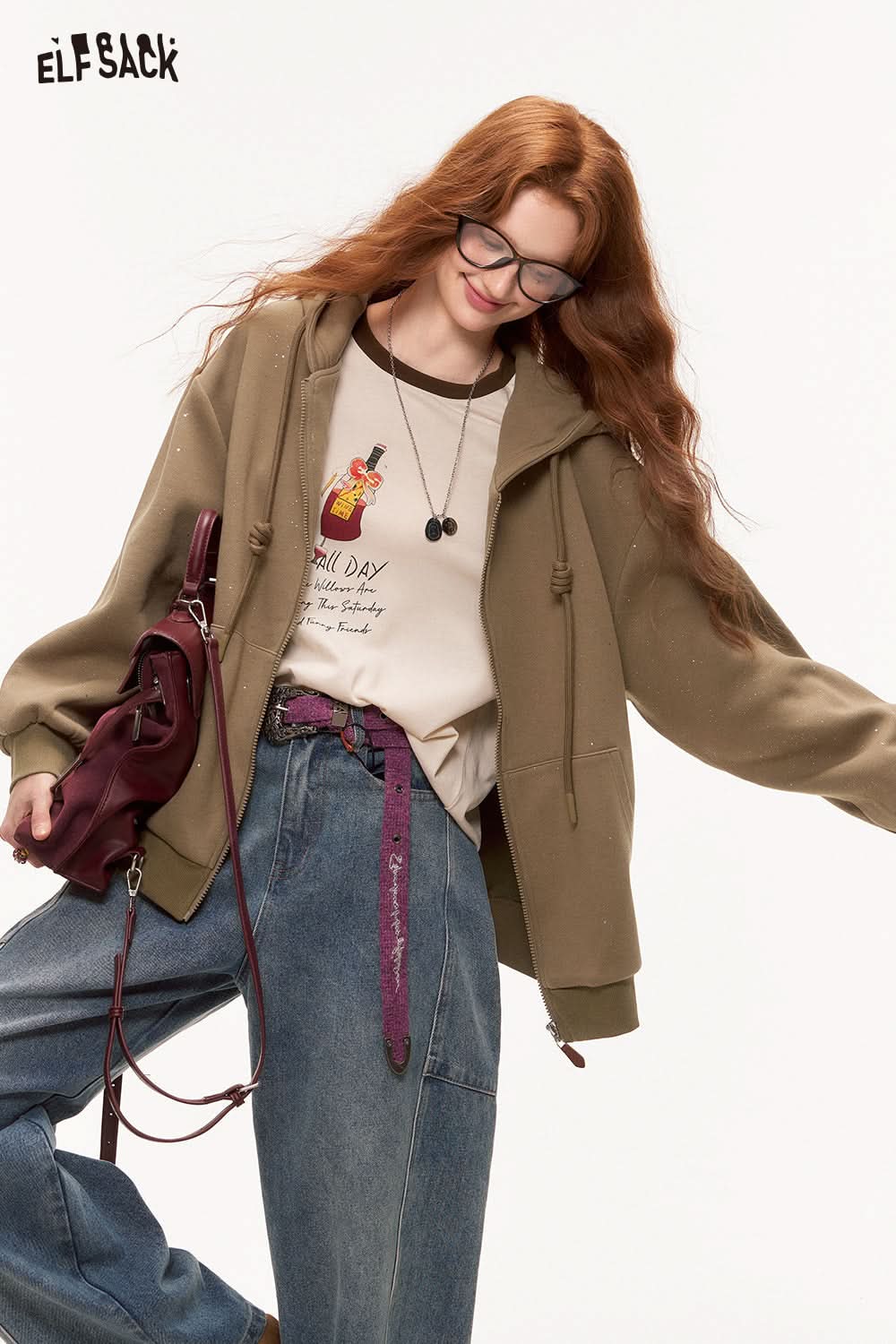 ELFSACK Silver Thread Knit Hoodie Jacket Casual Korean Style