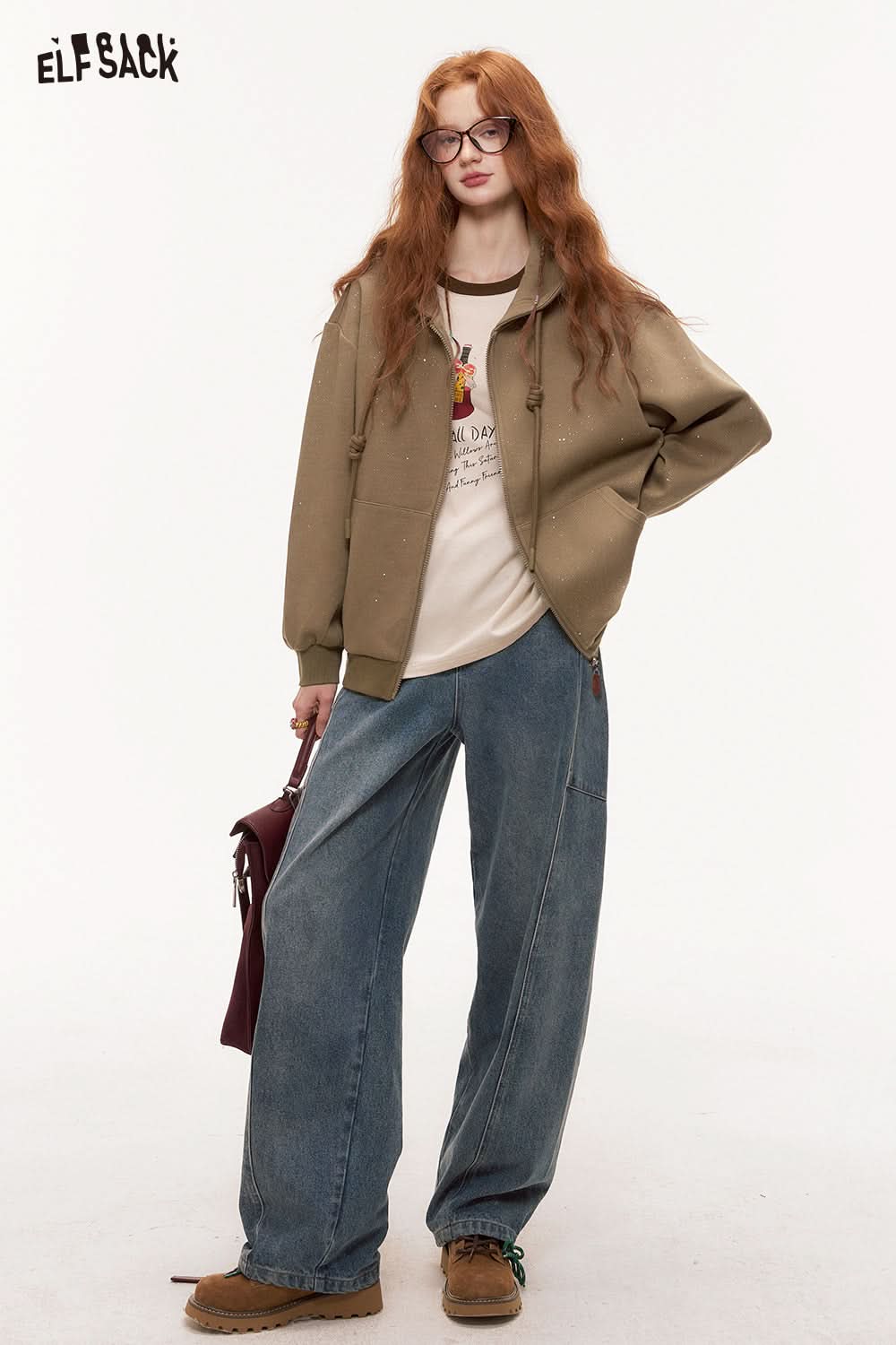 ELFSACK Silver Thread Knit Hoodie Jacket Casual Korean Style