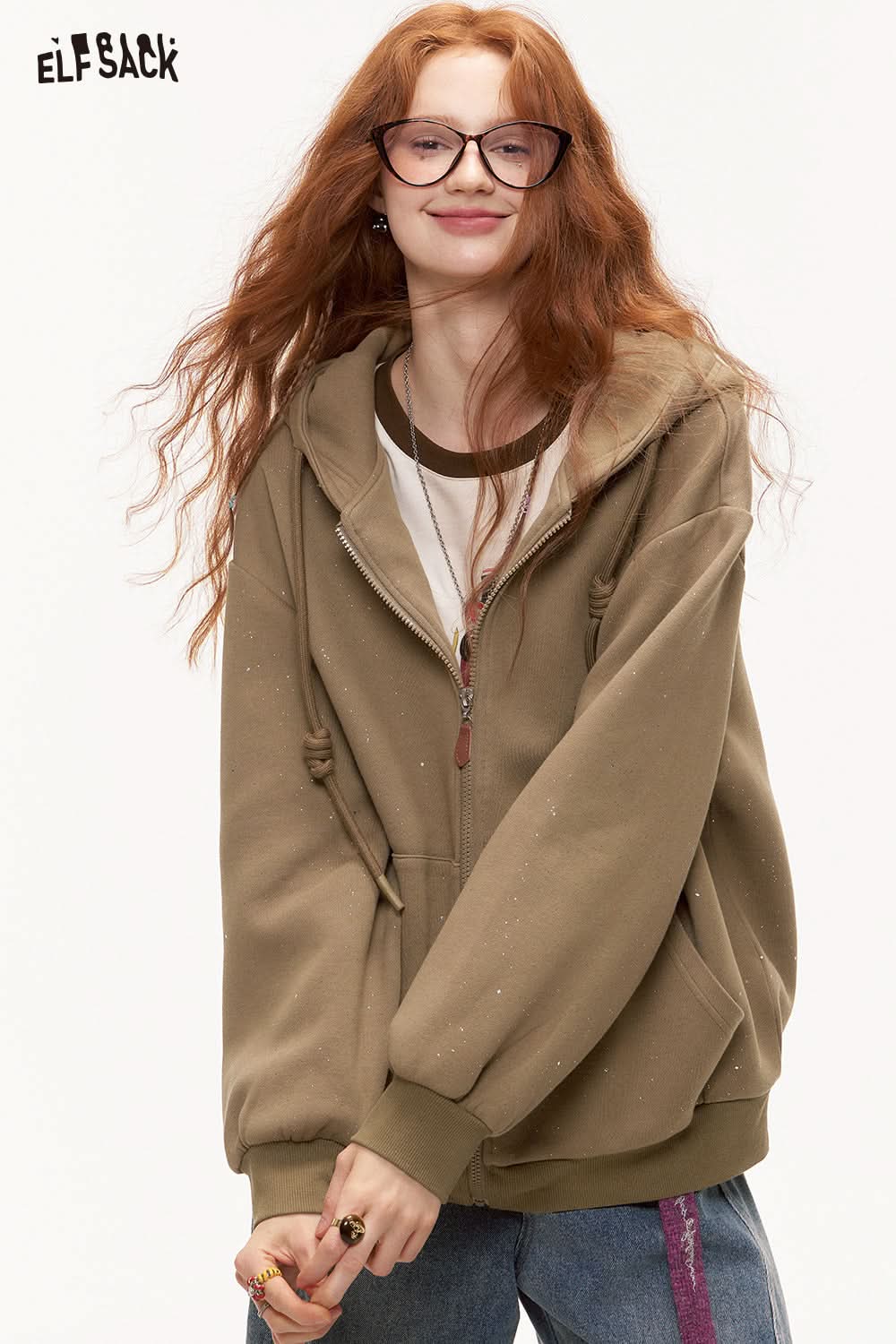 ELFSACK Silver Thread Knit Hoodie Jacket Casual Korean Style