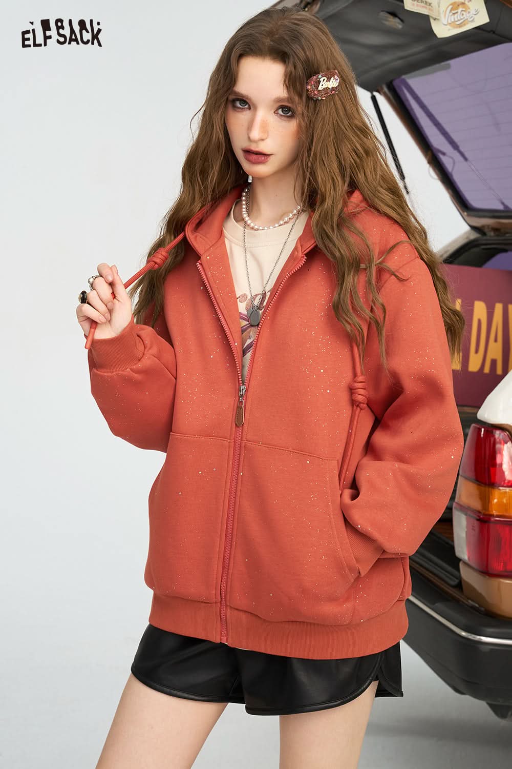 ELFSACK Silver Thread Knit Hoodie Jacket Casual Korean Style