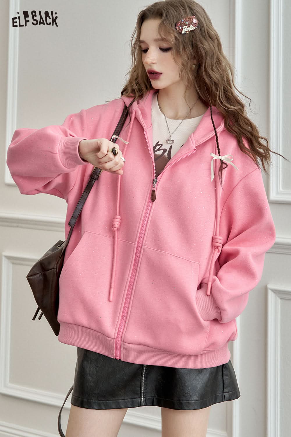 ELFSACK Silver Thread Knit Hoodie Jacket Casual Korean Style