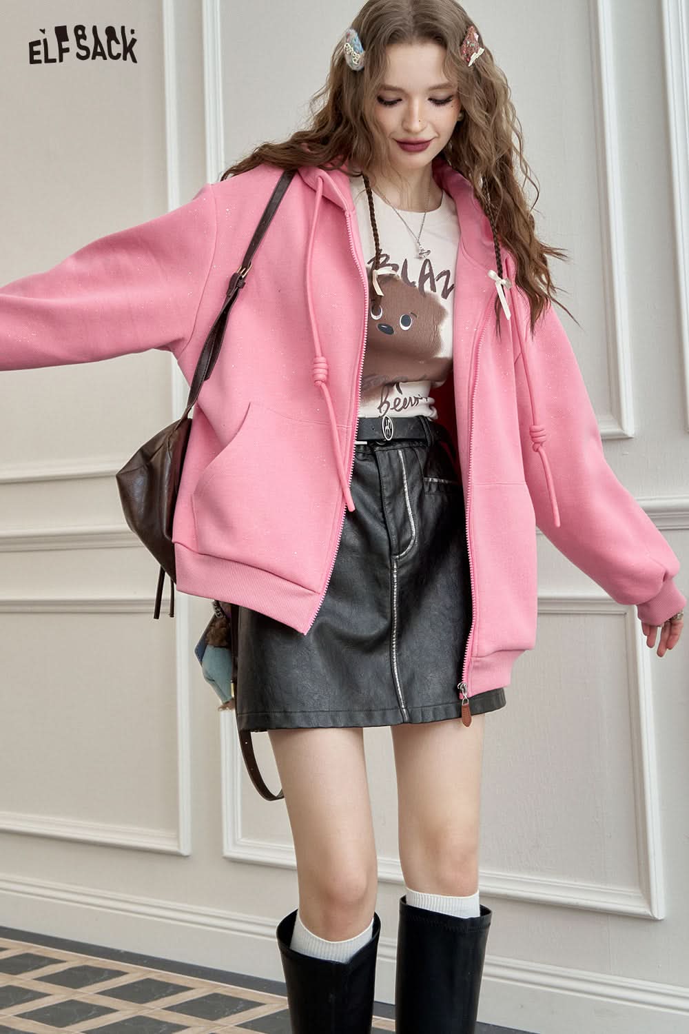 ELFSACK Silver Thread Knit Hoodie Jacket Casual Korean Style