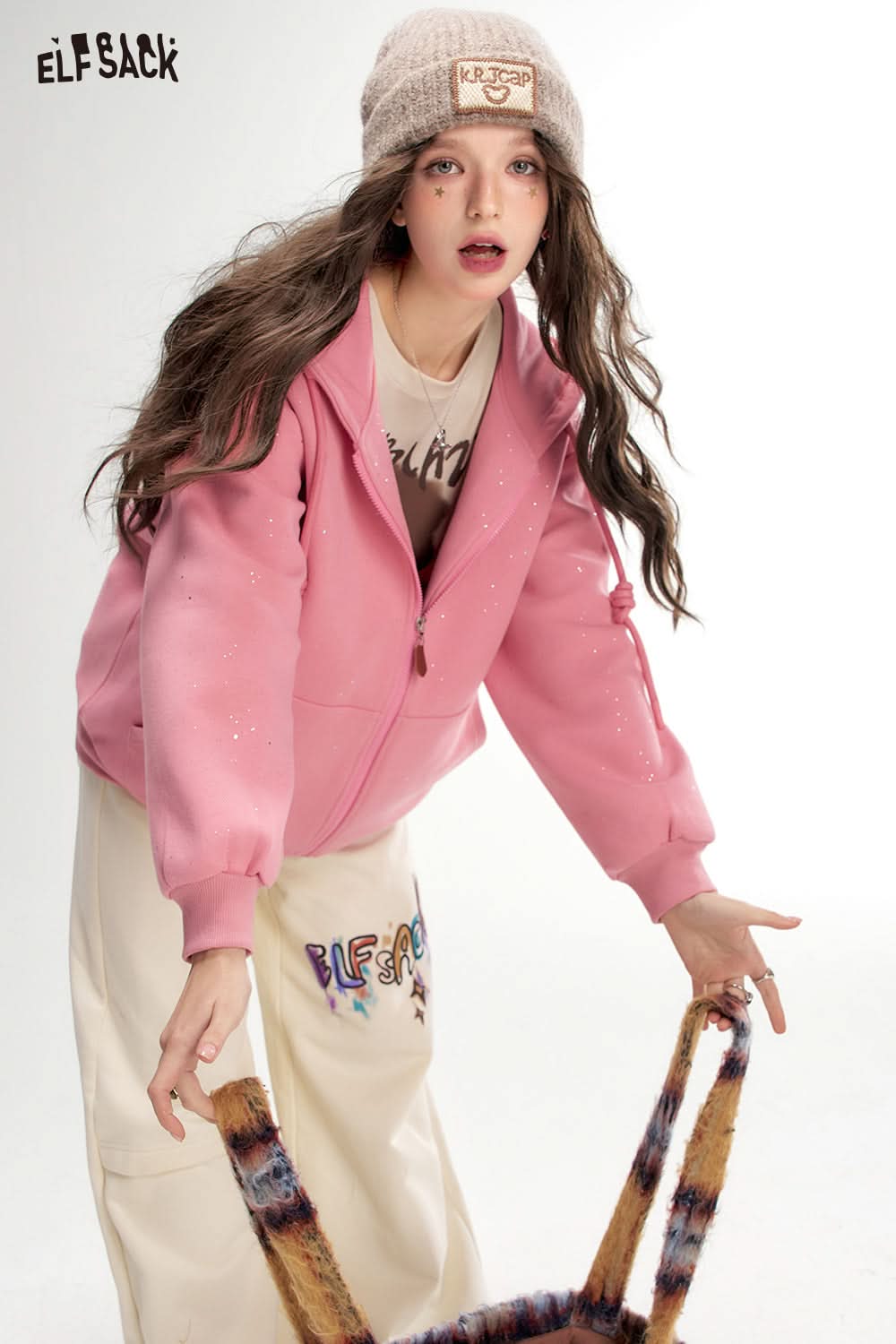 ELFSACK Silver Thread Knit Hoodie Jacket Casual Korean Style