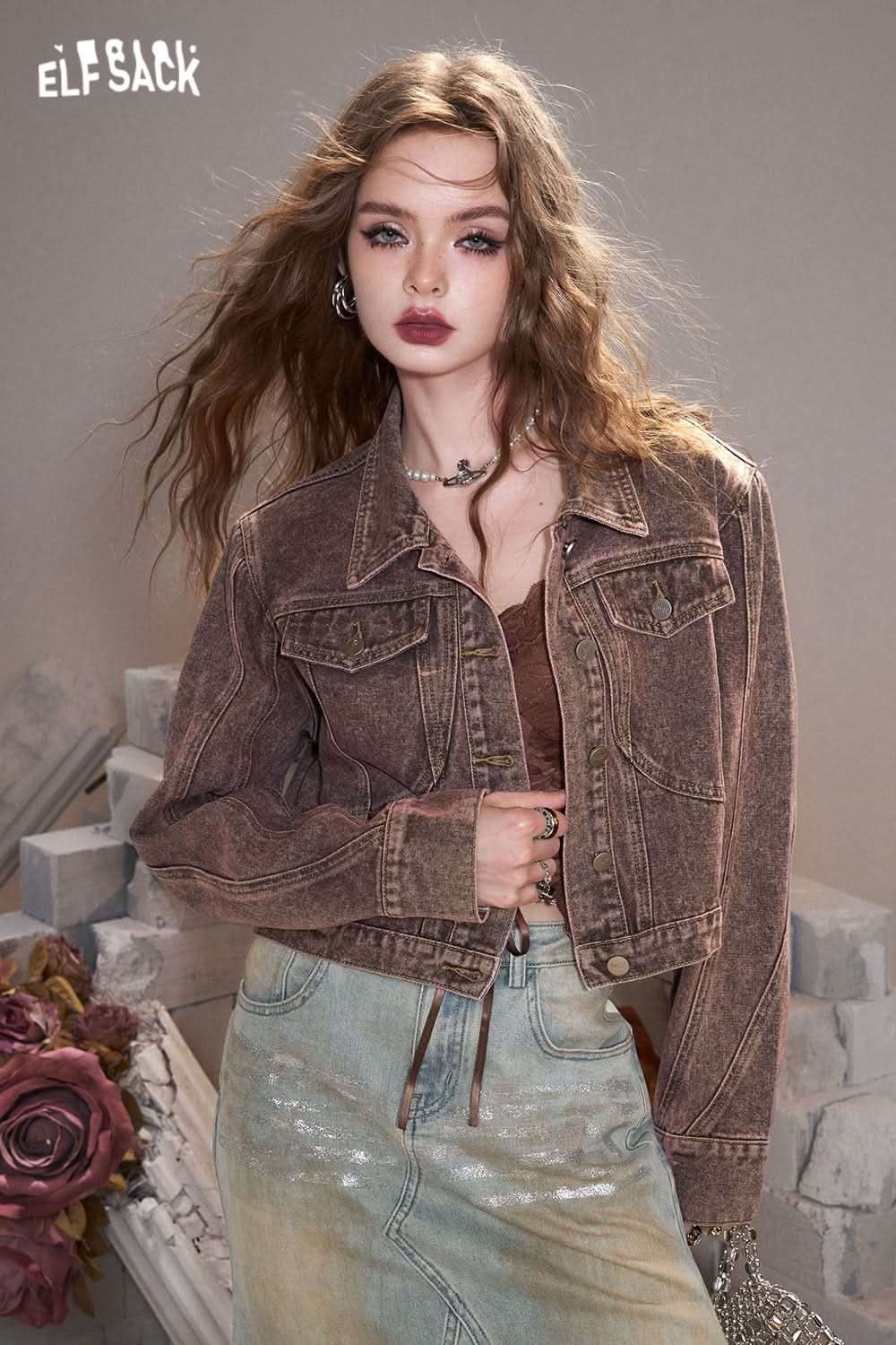 ELFSACK Green retro American lapel sweet cool wasteland style denim short jacket