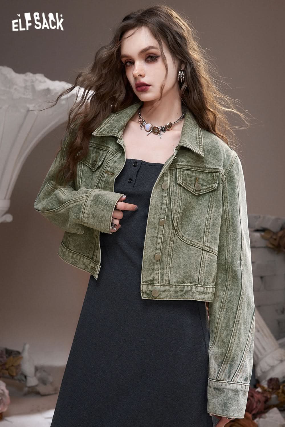 ELFSACK Green retro American lapel sweet cool wasteland style denim short jacket
