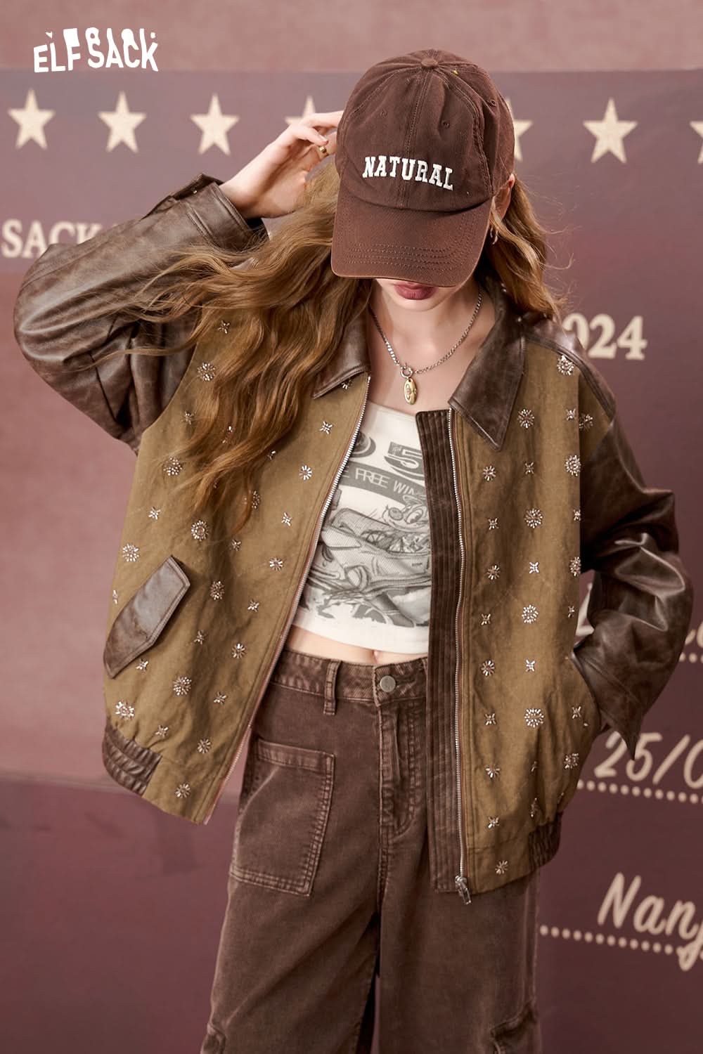 ELFSACK Retro Embroidery Beaded PU Leather Stitching Casual Jacket