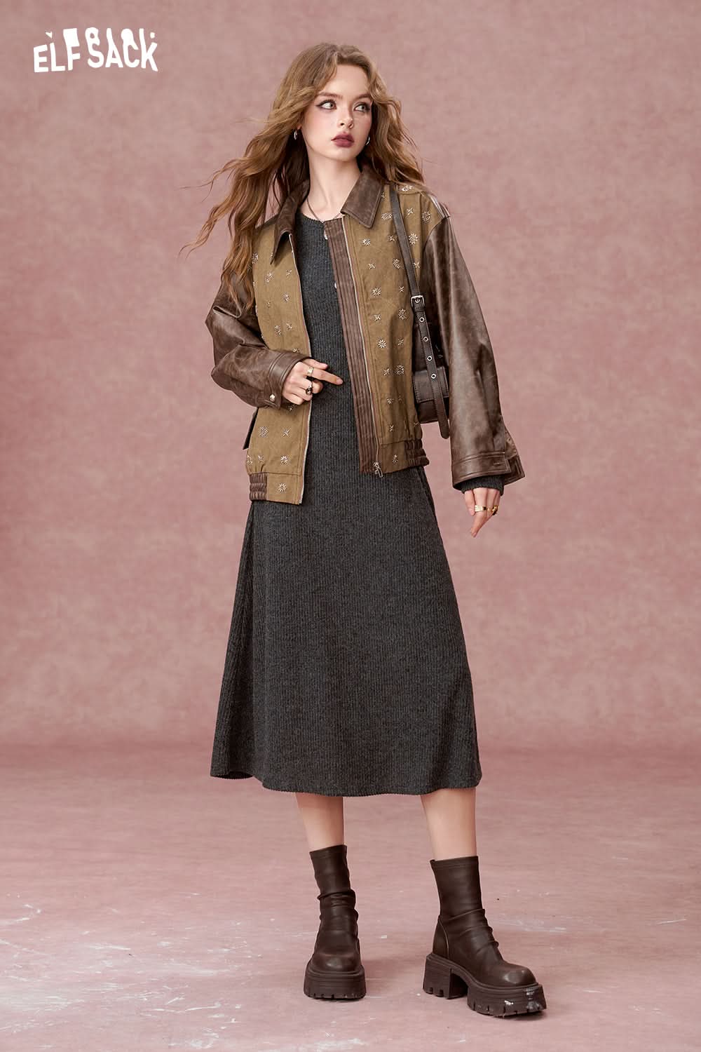 ELFSACK Retro Embroidery Beaded PU Leather Stitching Casual Jacket