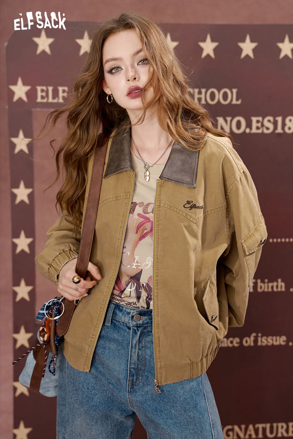 ELFSACK Embroidered brown retro casual short coat, work jacket