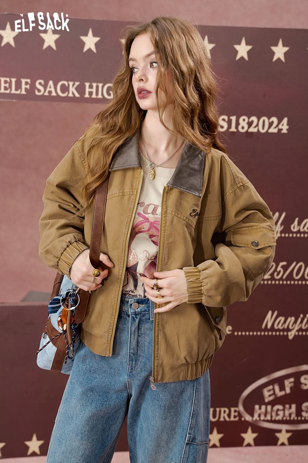 ELFSACK Embroidered brown retro casual short coat, work jacket