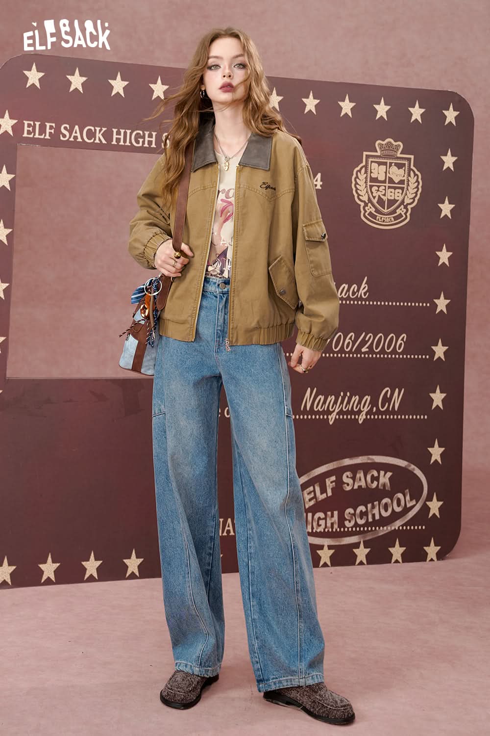 ELFSACK Embroidered brown retro casual short coat, work jacket