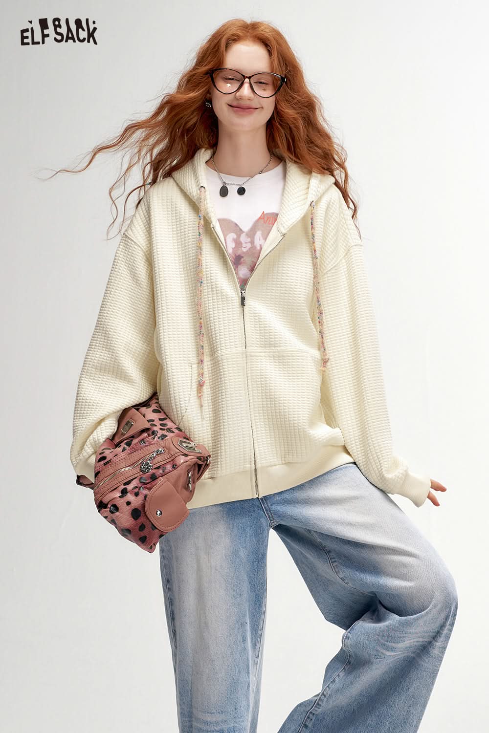 ELFSACK Bread Check Loose Hoodie Jacket Melange College Style