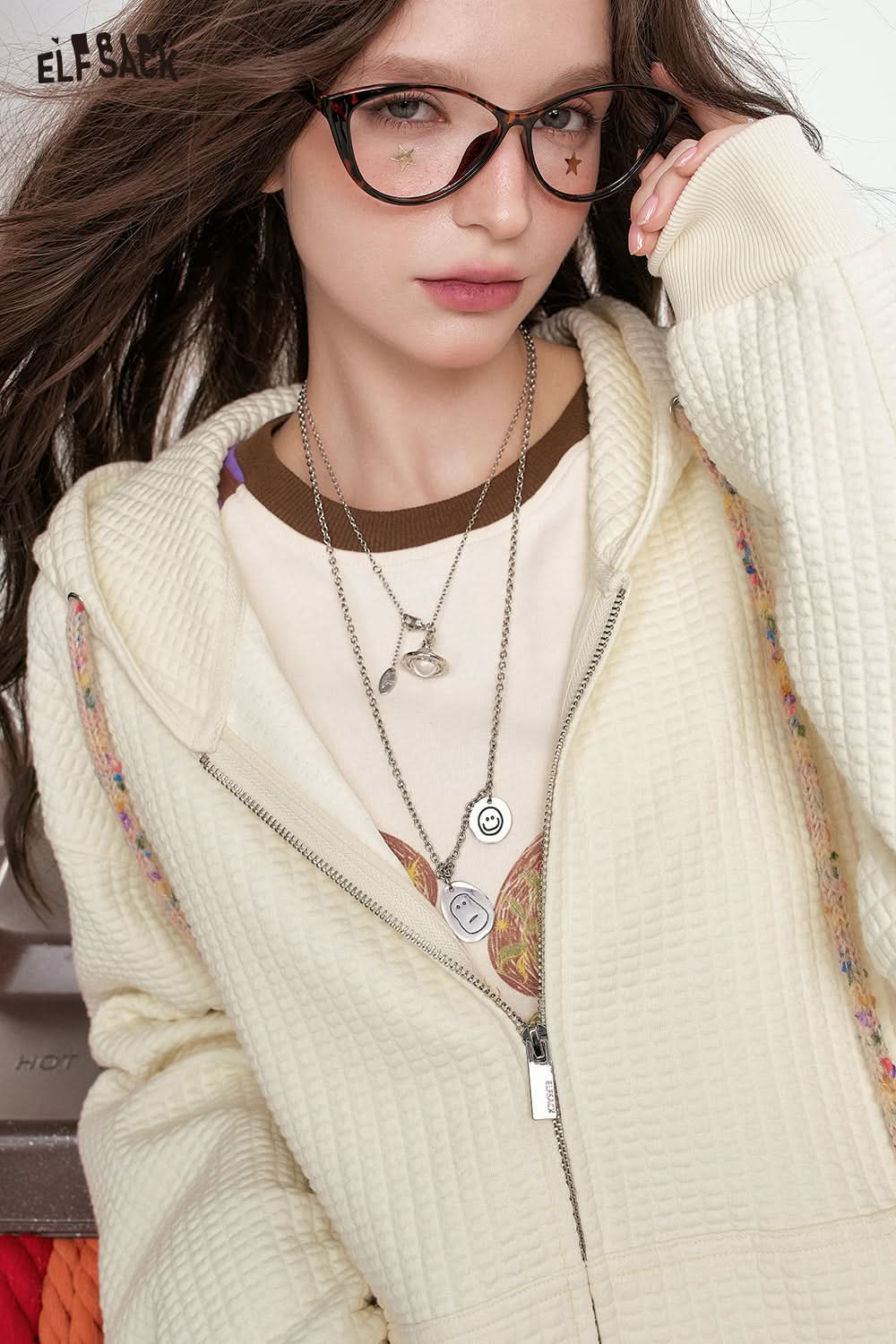 ELFSACK Bread Check Loose Hoodie Jacket Melange College Style