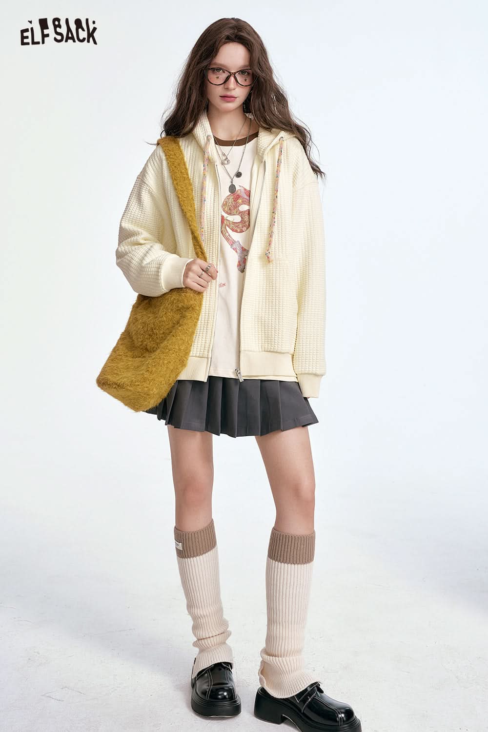 ELFSACK Bread Check Loose Hoodie Jacket Melange College Style