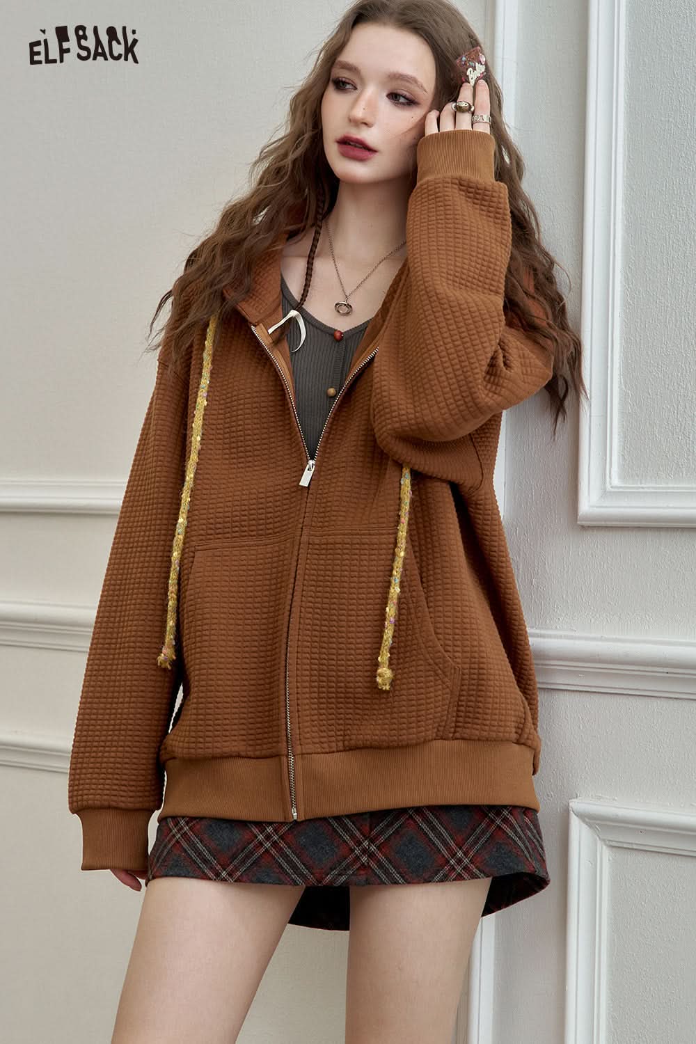 ELFSACK Bread Check Loose Hoodie Jacket Melange College Style