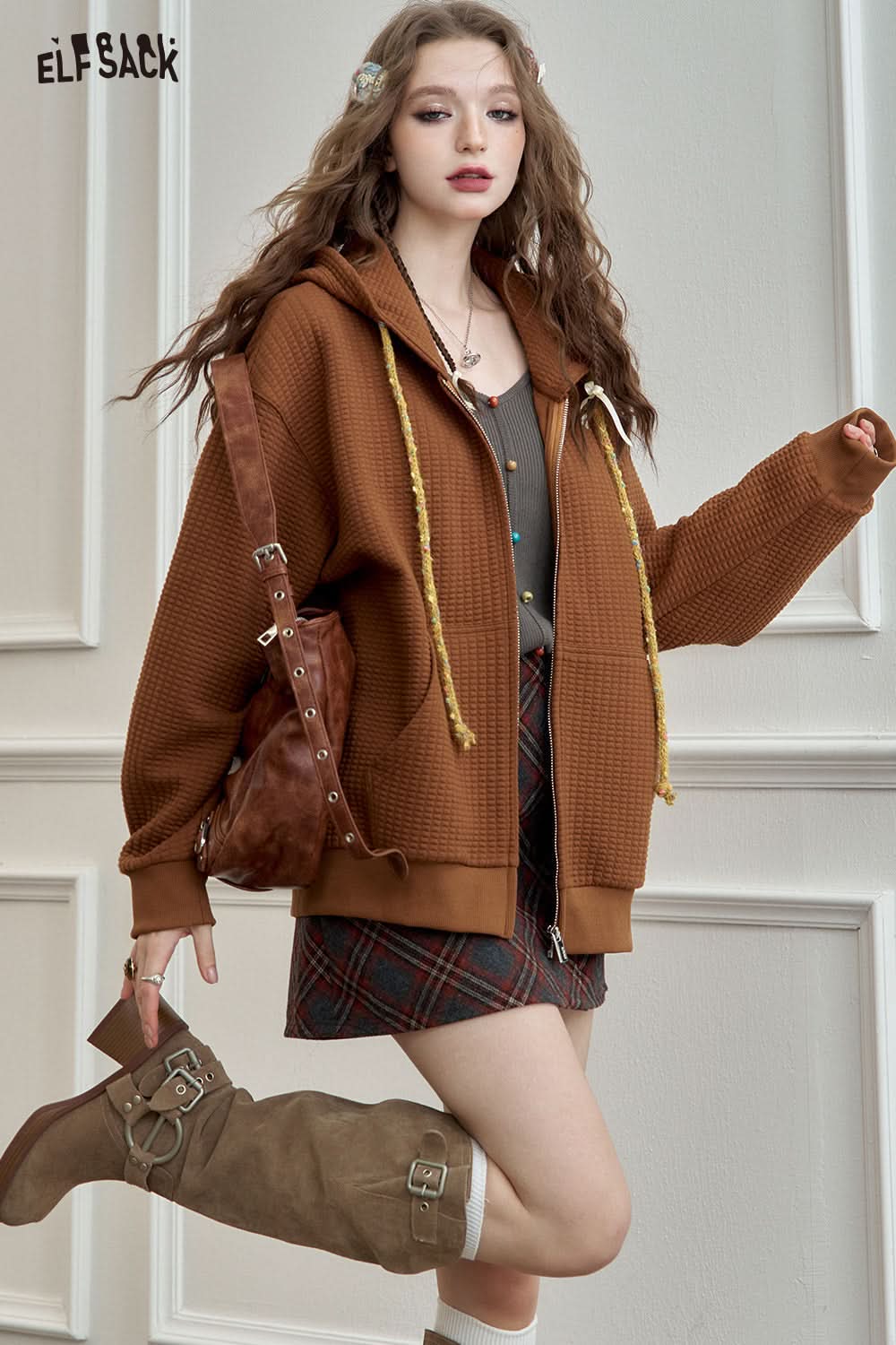 ELFSACK Bread Check Loose Hoodie Jacket Melange College Style