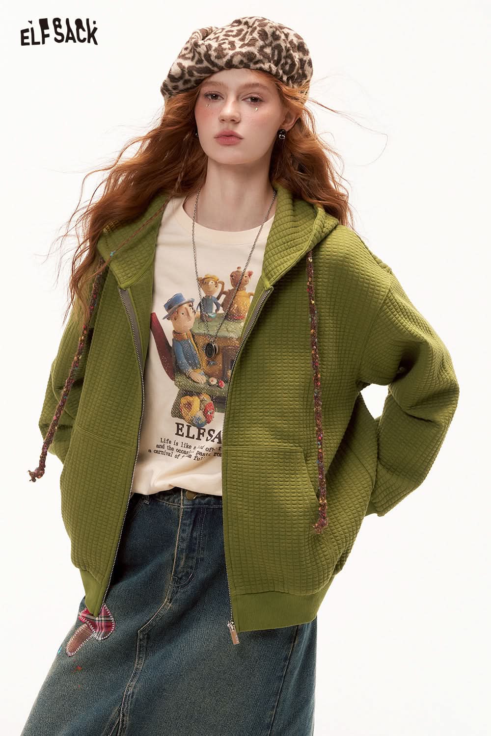 ELFSACK Bread Check Loose Hoodie Jacket Melange College Style