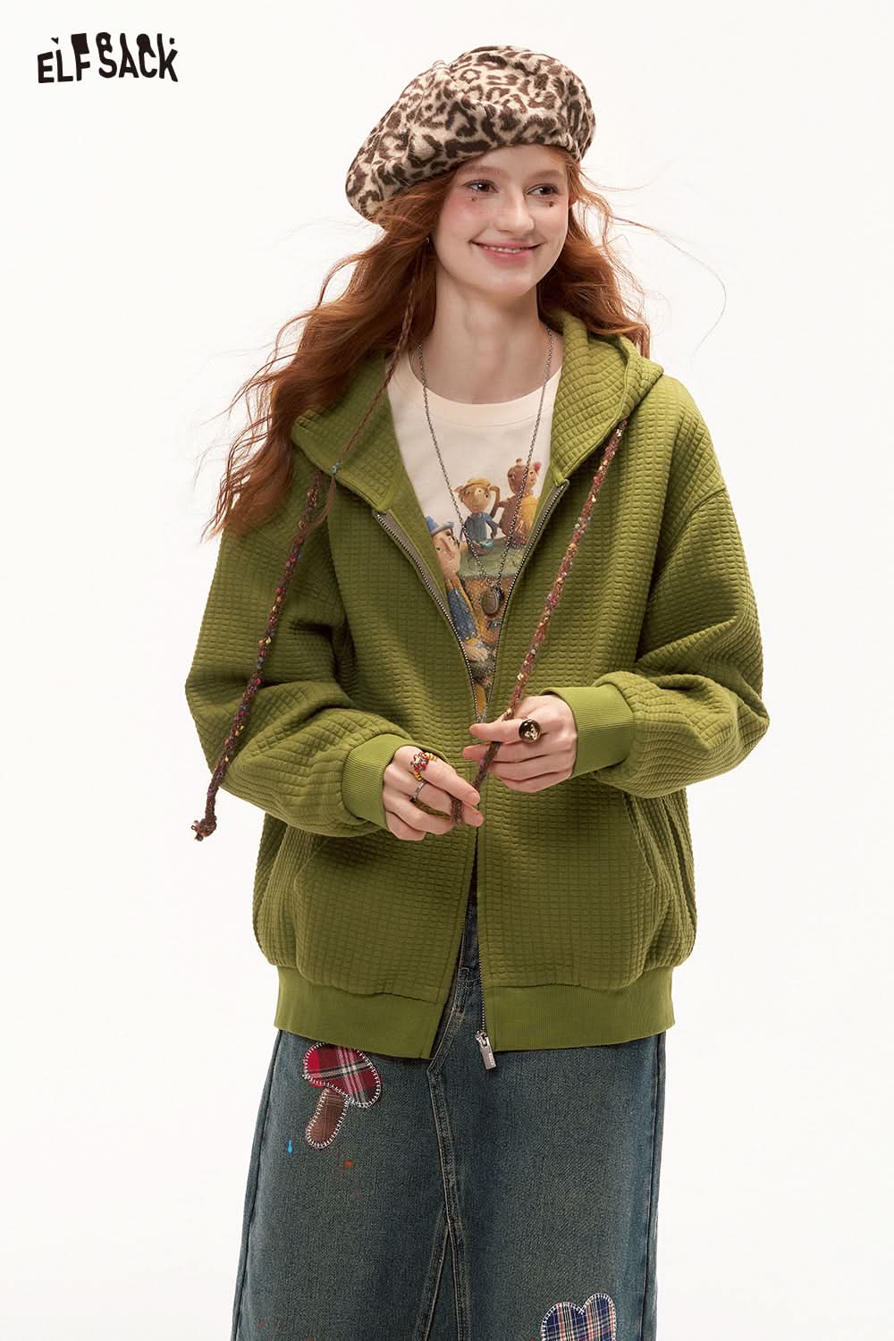 ELFSACK Bread Check Loose Hoodie Jacket Melange College Style