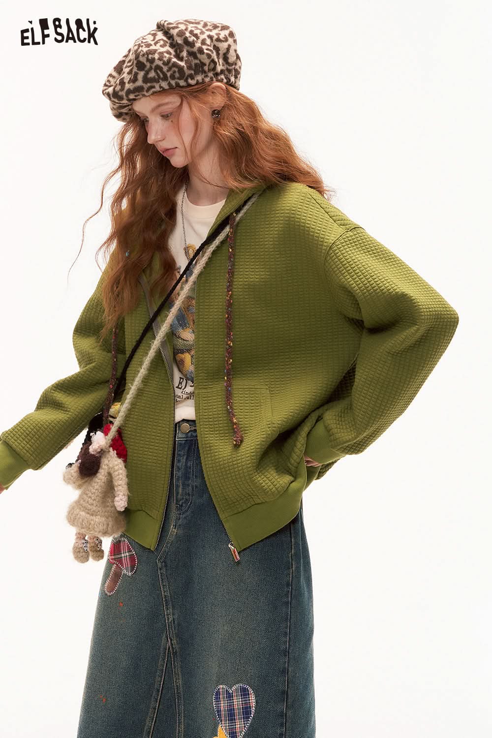 ELFSACK Bread Check Loose Hoodie Jacket Melange College Style