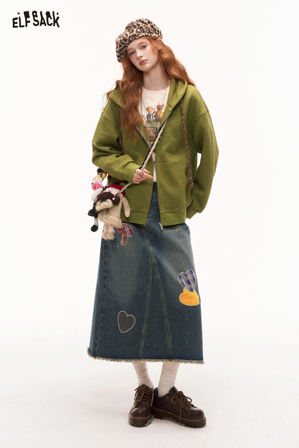 ELFSACK Bread Check Loose Hoodie Jacket Melange College Style