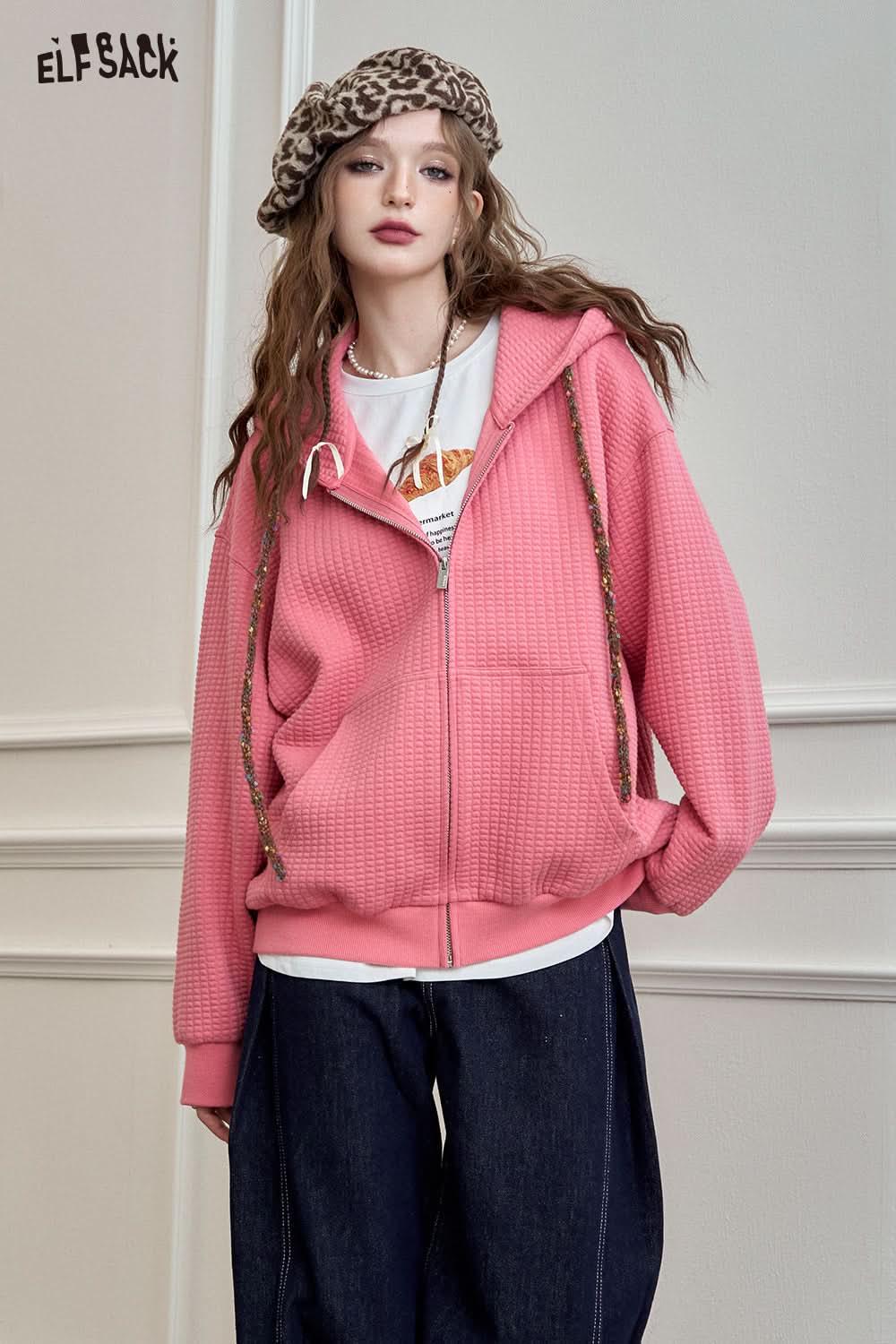 ELFSACK Bread Check Loose Hoodie Jacket Melange College Style