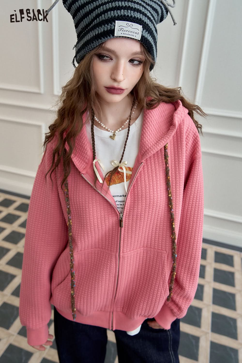 ELFSACK Bread Check Loose Hoodie Jacket Melange College Style