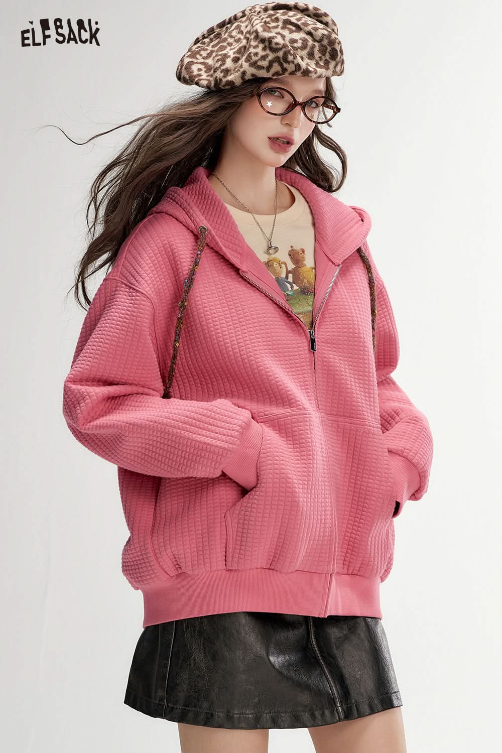 ELFSACK Bread Check Loose Hoodie Jacket Melange College Style