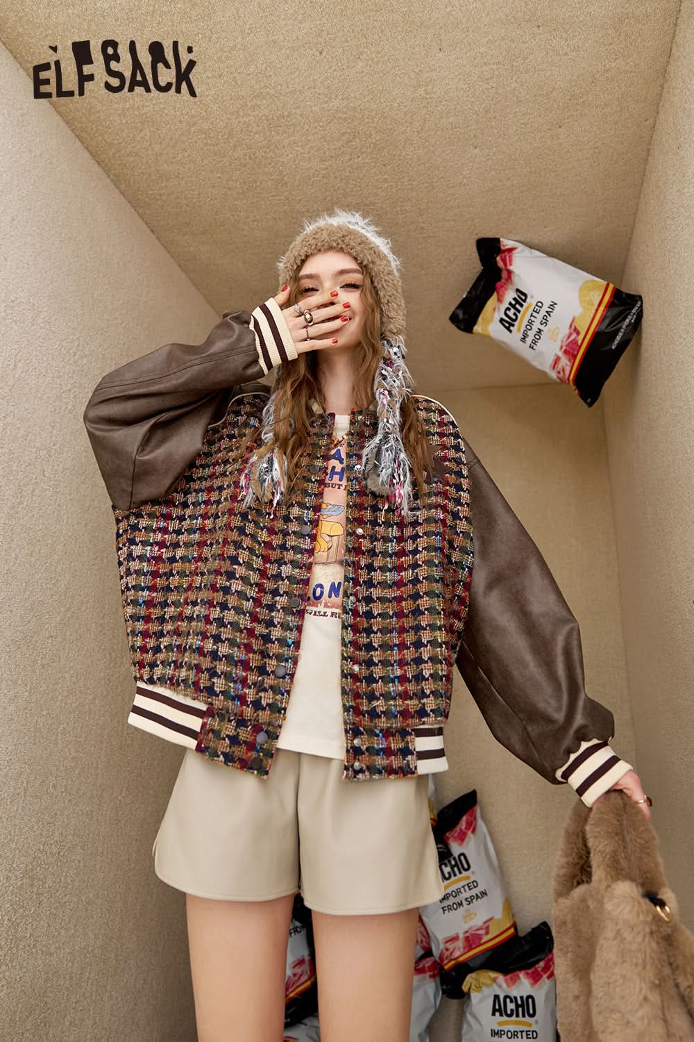 ELFSACK Retro houndstooth PU patchwork baseball jacket, Preppy Style jacket