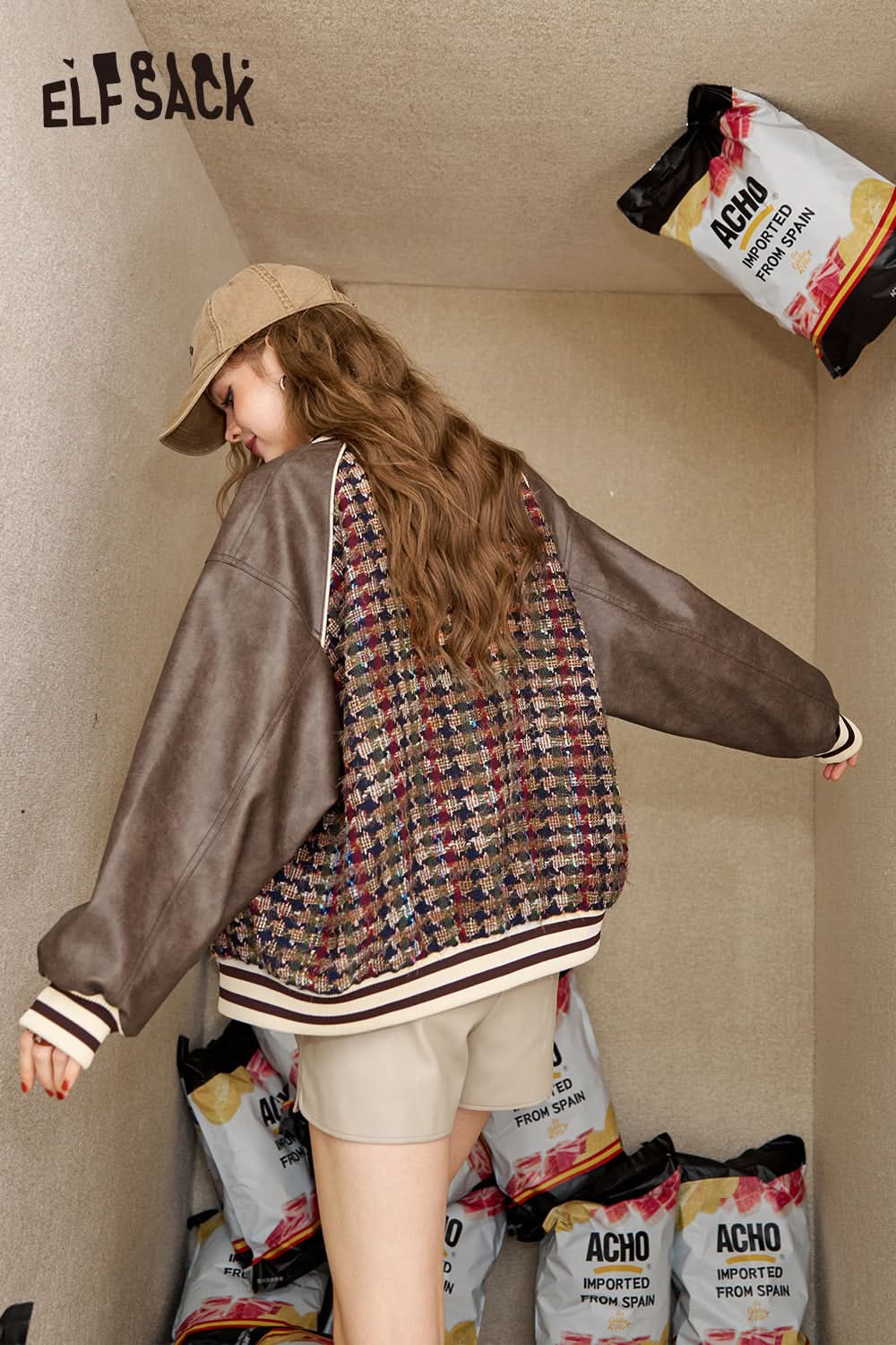 ELFSACK Retro houndstooth PU patchwork baseball jacket, Preppy Style jacket