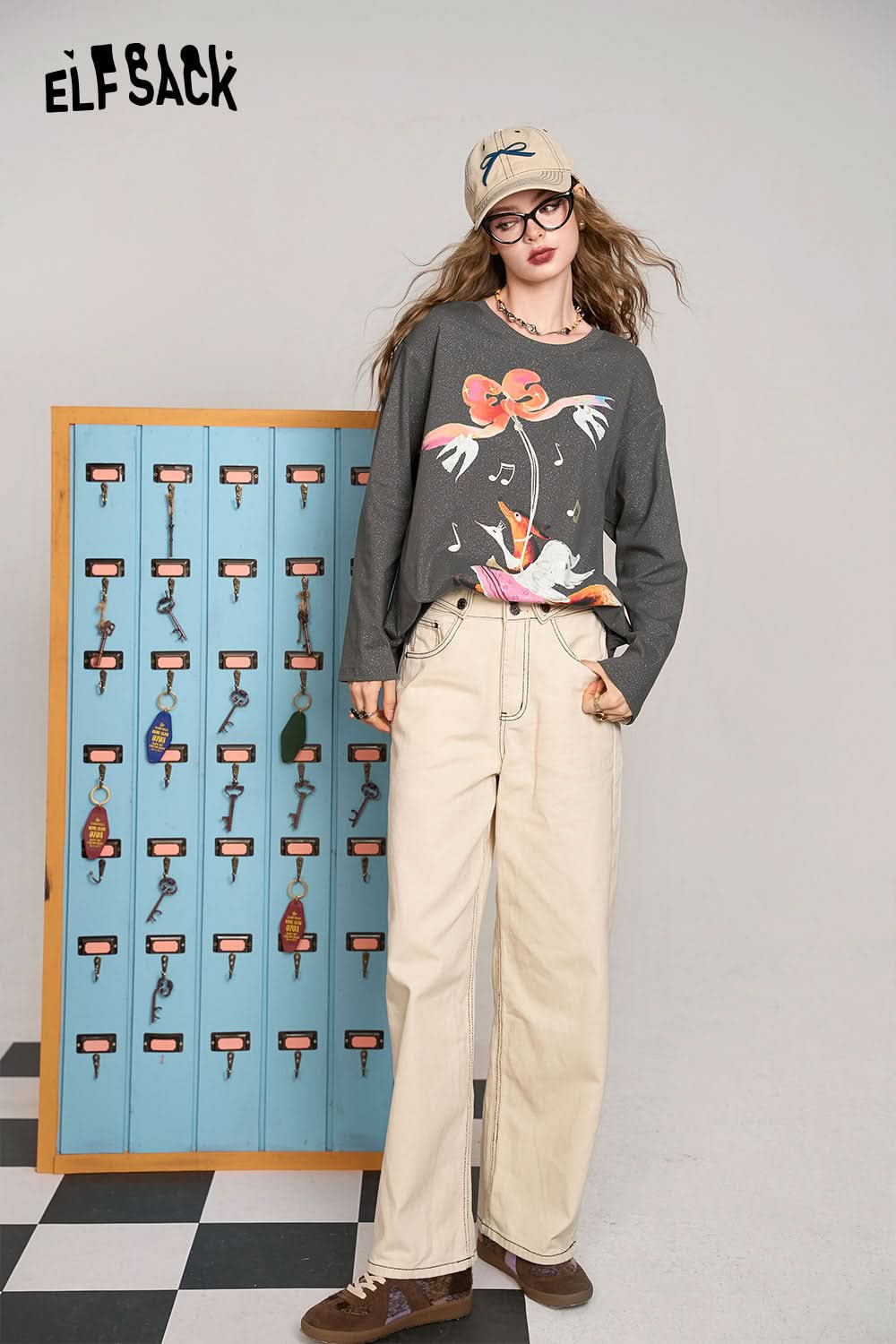 ELFSACK Dark grey fox print silver loose versatile Korean style long sleeve T-shirt