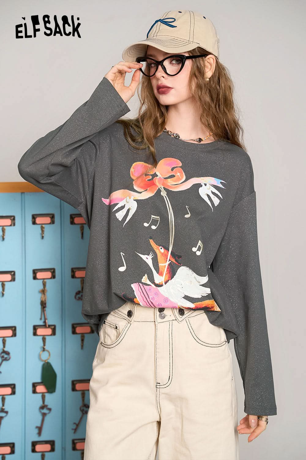 ELFSACK Dark grey fox print silver loose versatile Korean style long sleeve T-shirt