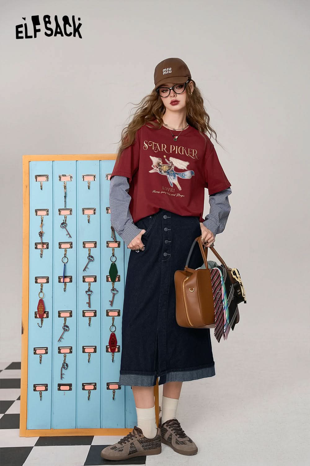 ELFSACK Retro casual style round neck red shirt splicing fake two-piece long-sleeved T-shirt