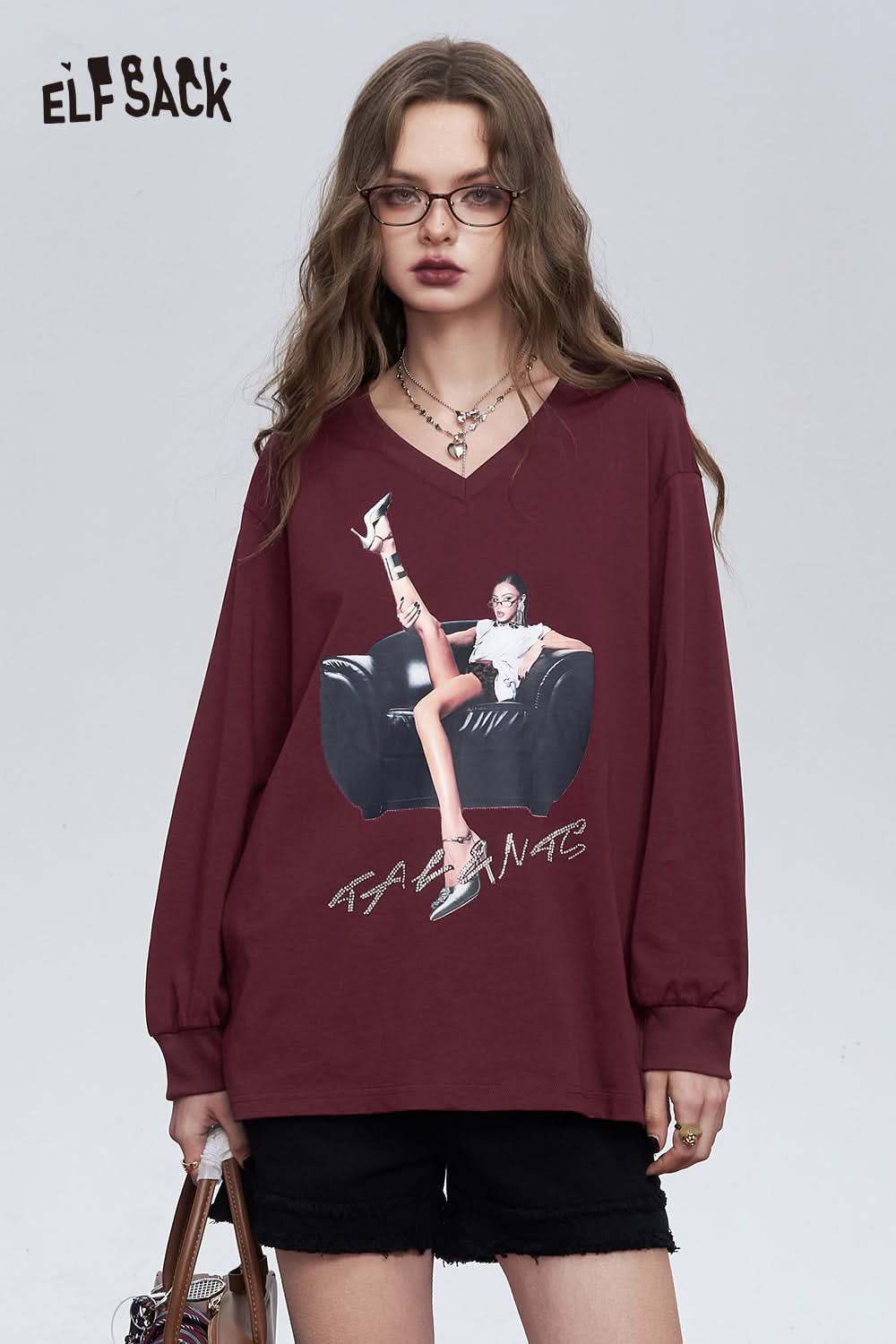 ELFSACK Purple retro v-neck portrait print casual versatile Korean loose thin T-shirt