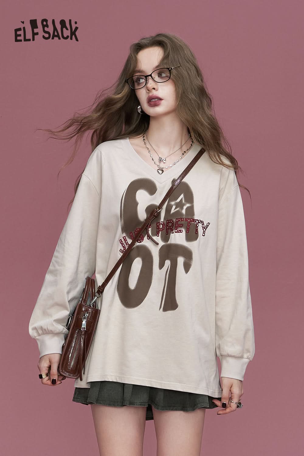 ELFSACK Purple retro v-neck portrait print casual versatile Korean loose thin T-shirt