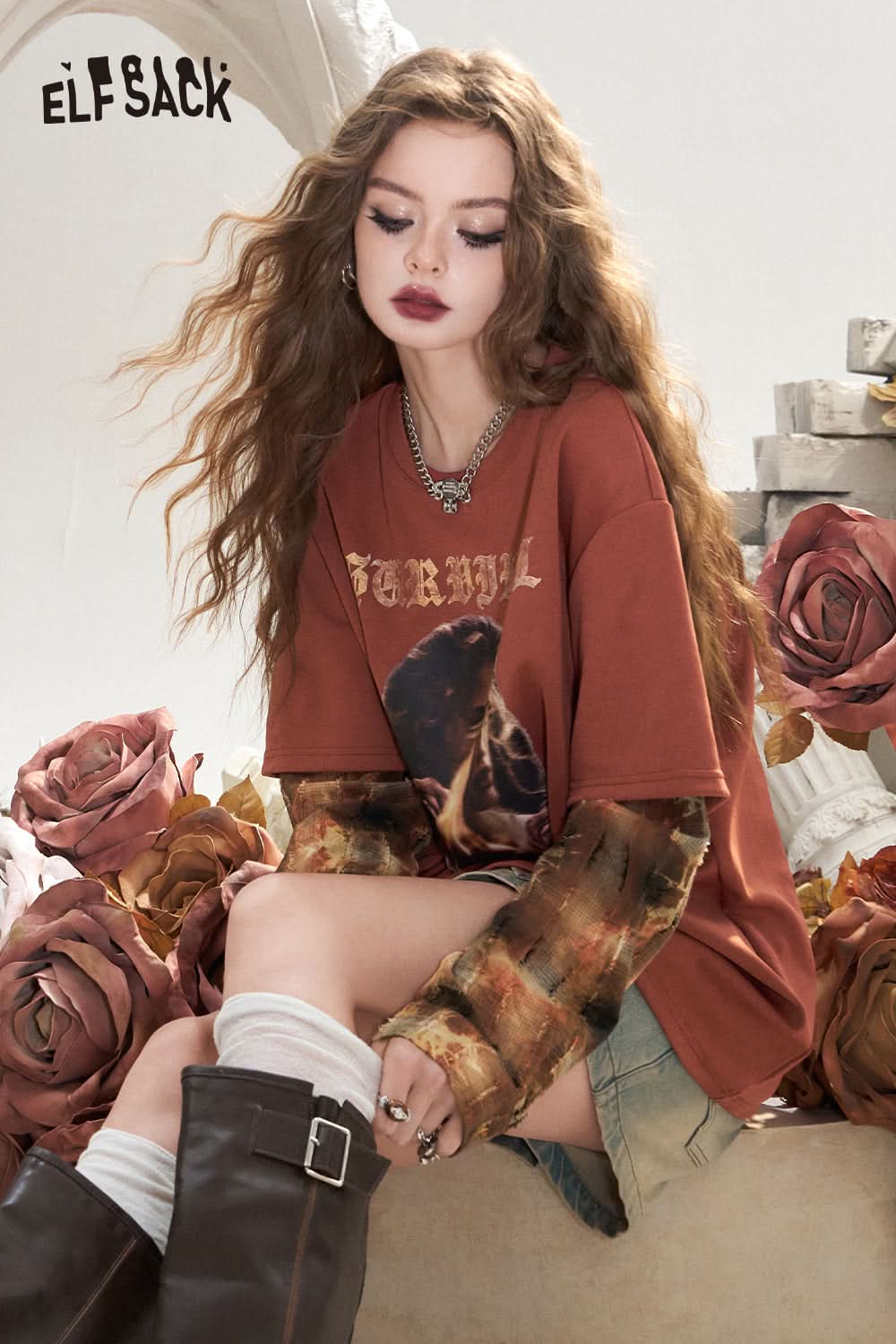 ELFSACK Off-white fake two-piece stitching print stylish unique and chic T-shirt