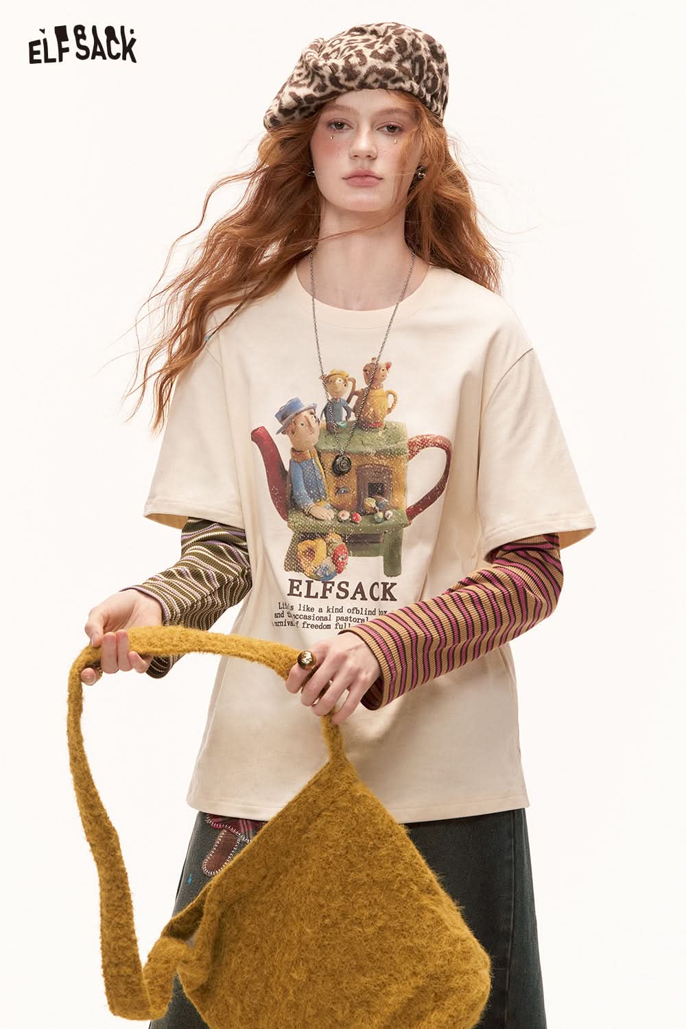 ELFSACK Color Block Striped Layered Long Sleeve T-Shirt College Style