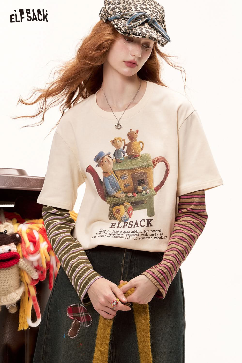 ELFSACK Color Block Striped Layered Long Sleeve T-Shirt College Style