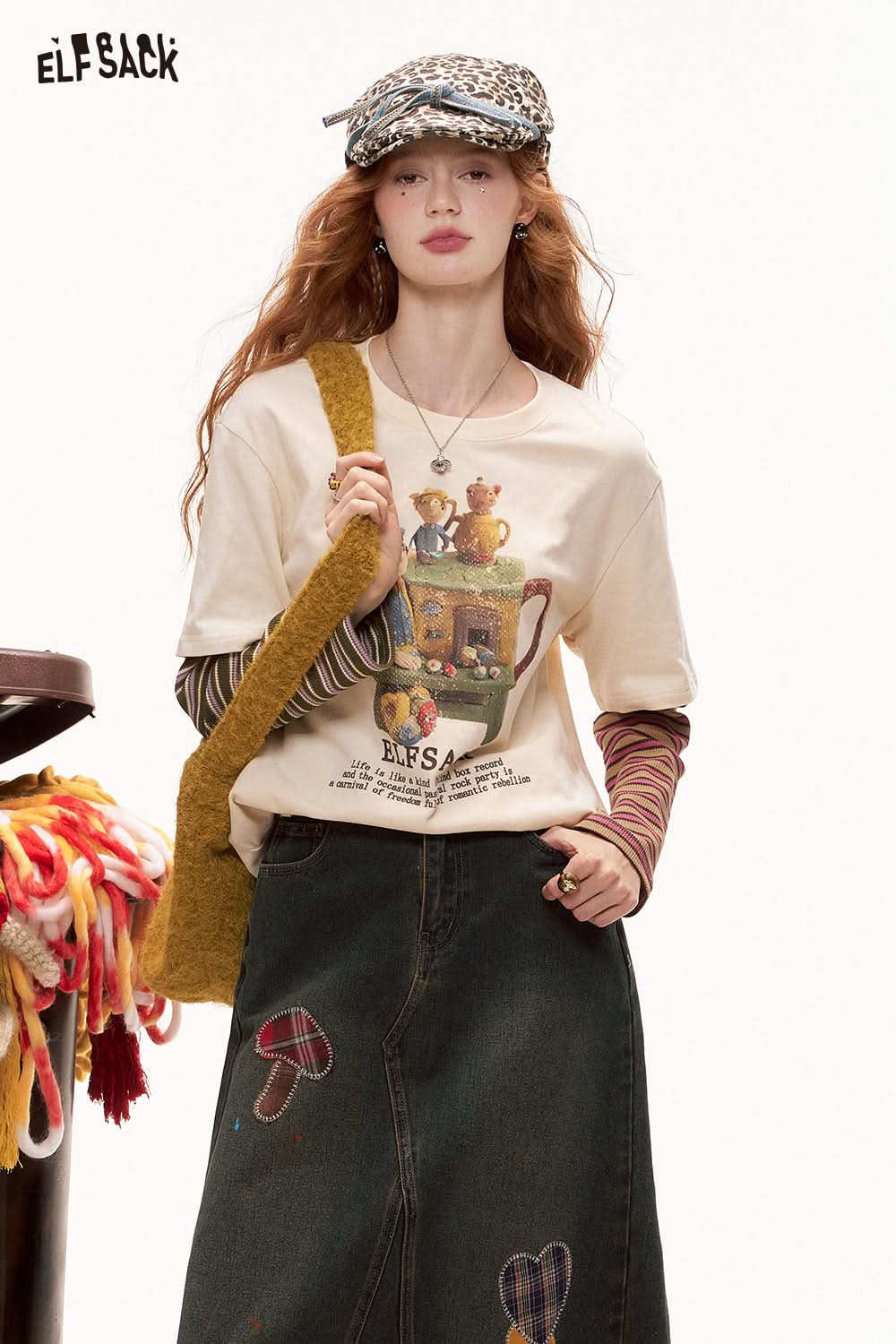 ELFSACK Color Block Striped Layered Long Sleeve T-Shirt College Style