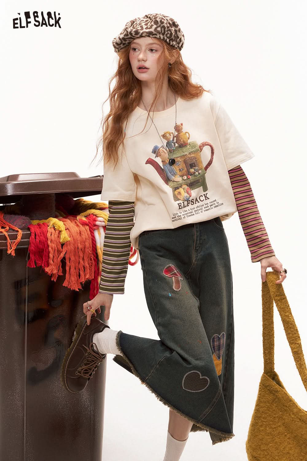 ELFSACK Color Block Striped Layered Long Sleeve T-Shirt College Style