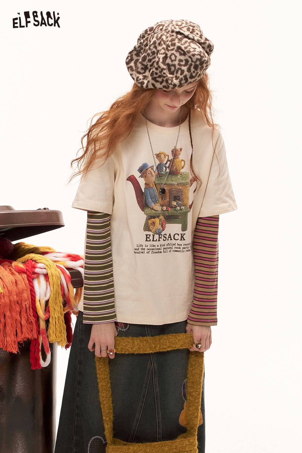 ELFSACK Color Block Striped Layered Long Sleeve T-Shirt College Style