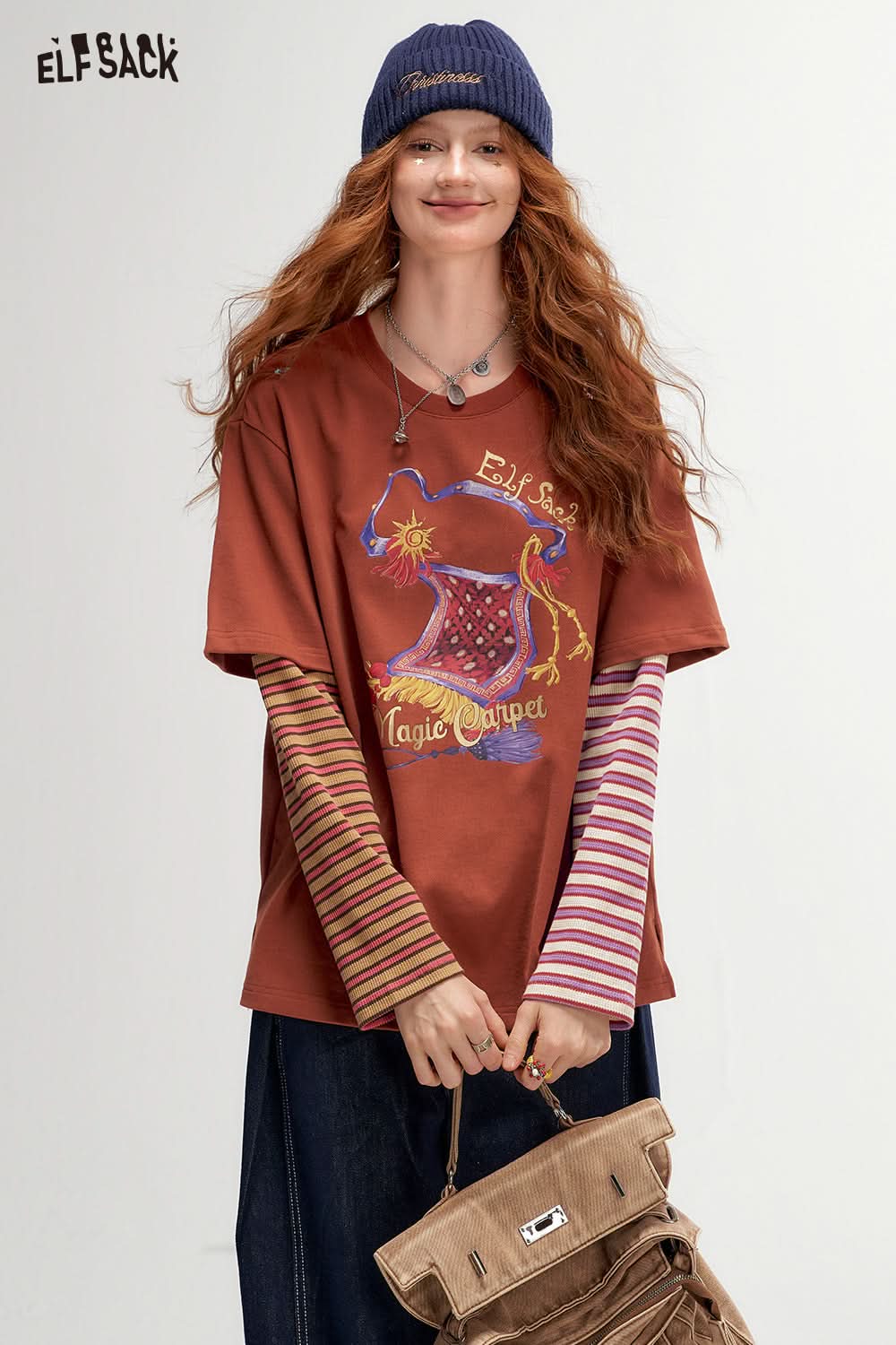 ELFSACK Color Block Striped Layered Long Sleeve T-Shirt College Style